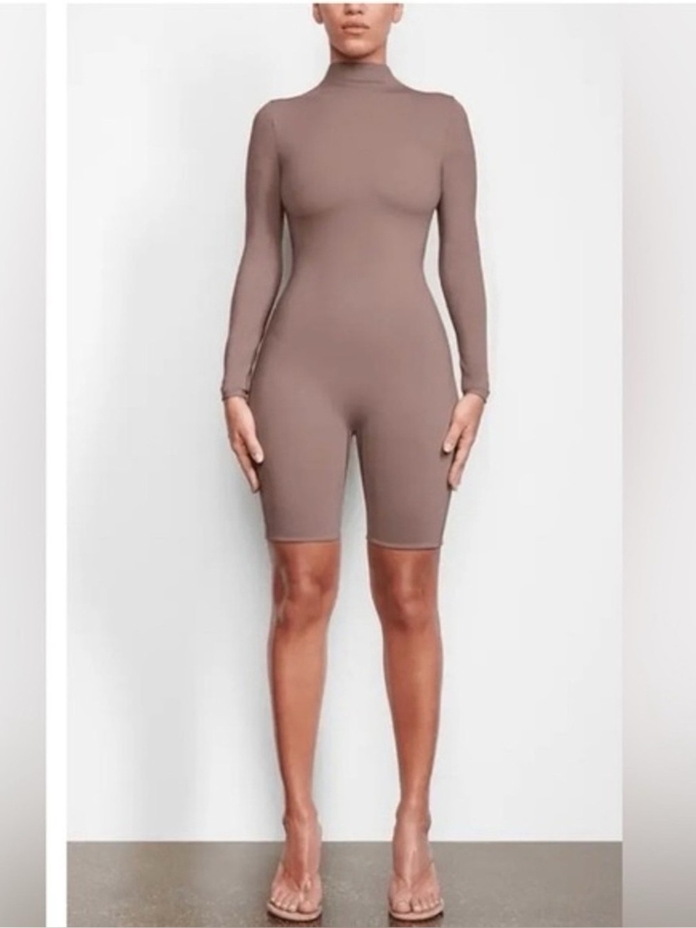 Skims all in one Long-Sleeve Mock Neck Biker Romper in Taupe